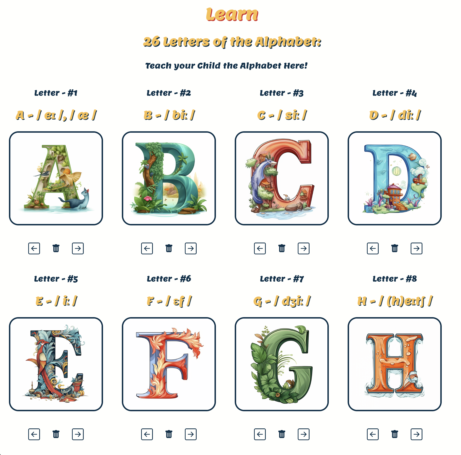 Screenshot of an interactive alphabet learning application for children