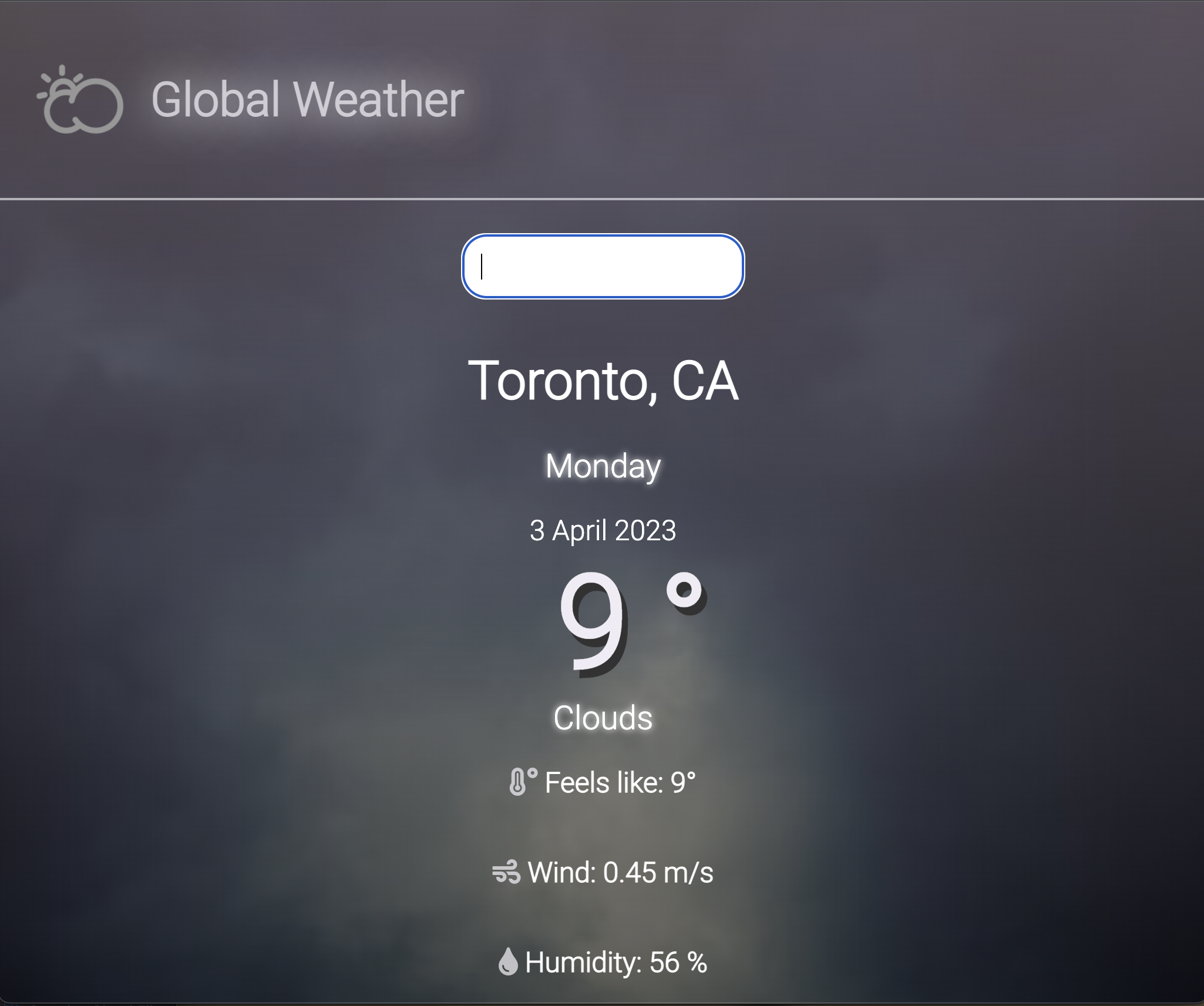 Screenshot of a weather forecasting application showing current conditions