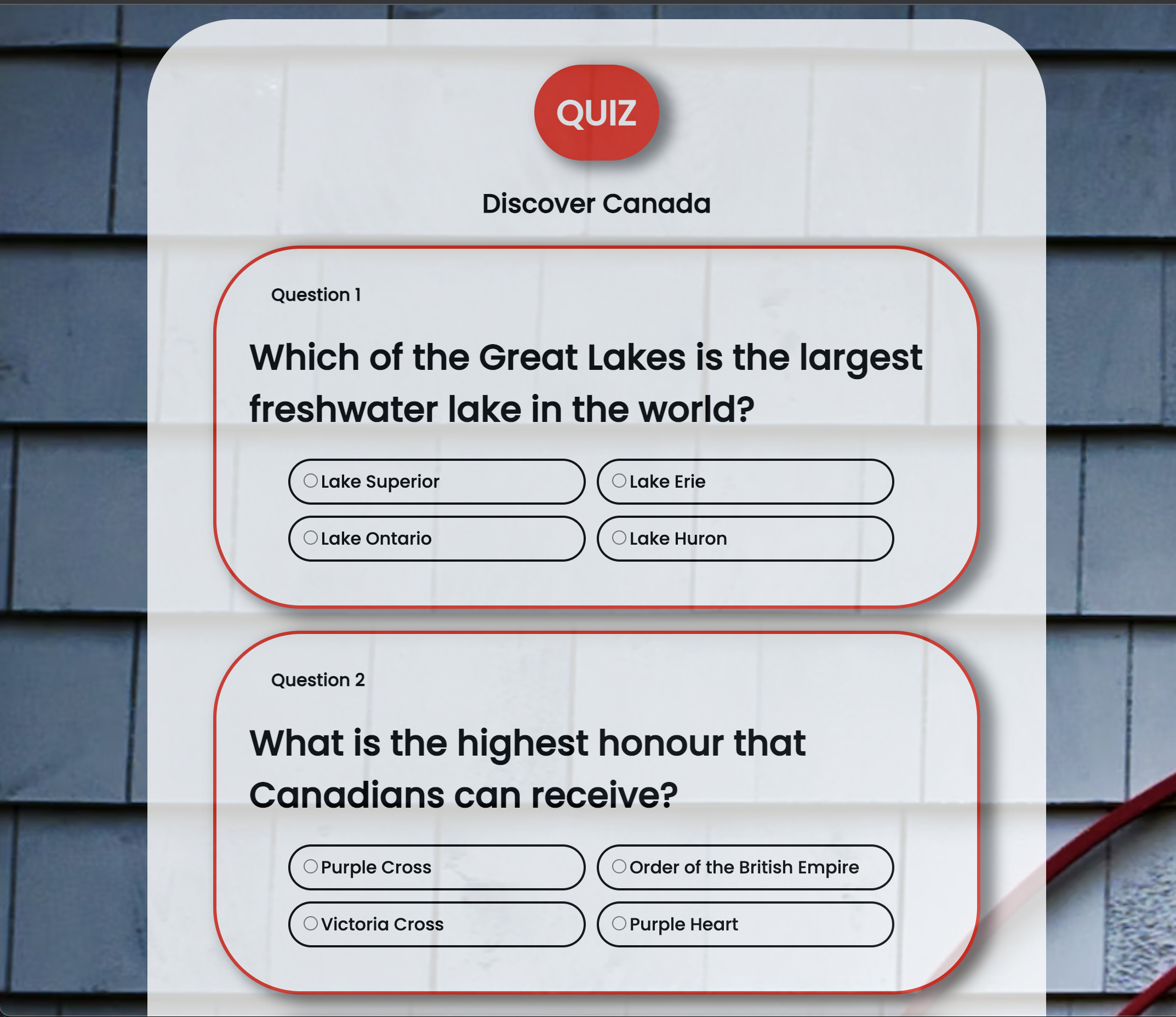 Screenshot of a 'Discover Canada' quiz application