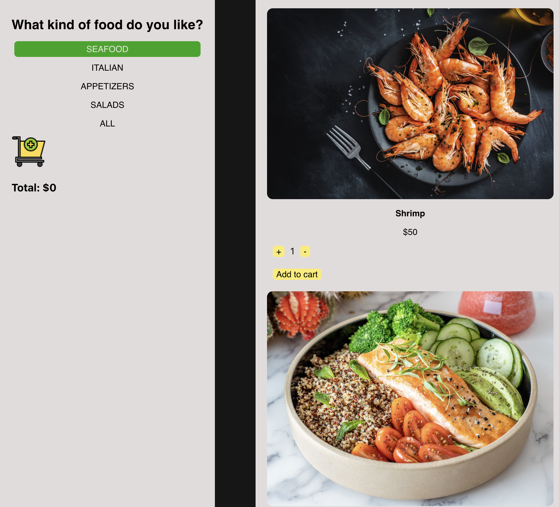Screenshot of a food ordering application interface